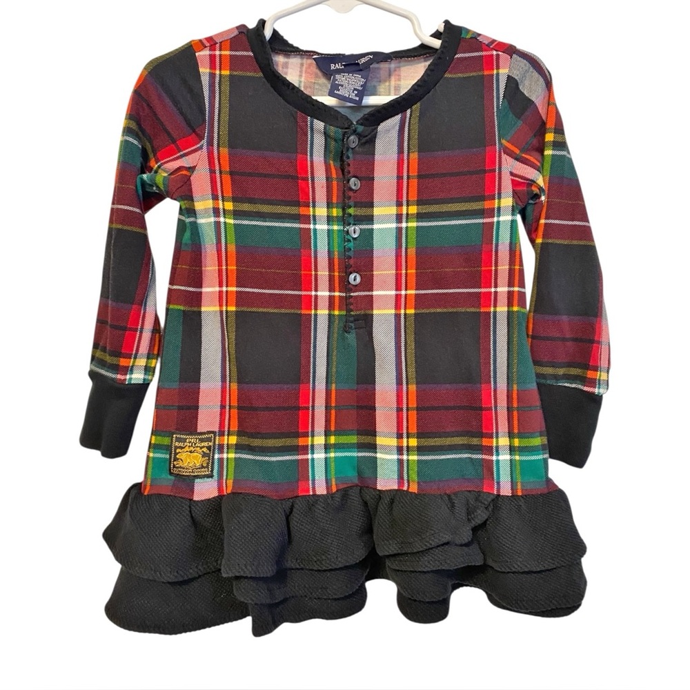 RALPH LAUREN ☆ Plaid Cotton Dress with Black Ruffle ☆ Size 2 / 2T